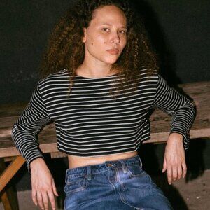 worn once - 100% cotton black & white striped cropped long-sleeve, size S